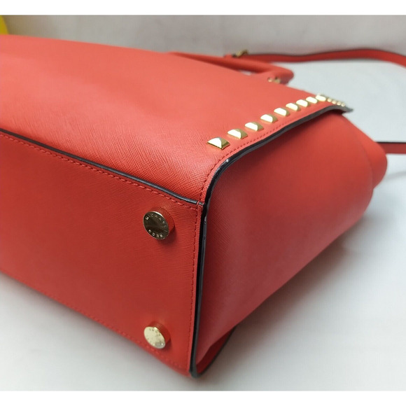 Michael Kors Selma Red Saffiano Leather Studded Top Handle Satchel Shoulder Bag - Picture 7 of 16